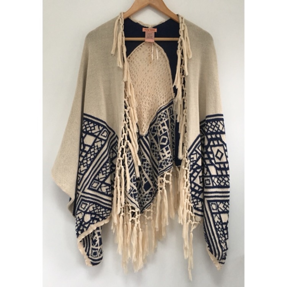Flying Tomato blue cream poncho wrap sweater